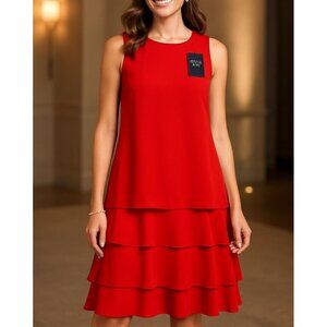 RALPH LAUREN BLACK LABEL Red Tiered Dress Eco Fabric Luxe Cocktail Look Sz 12‎